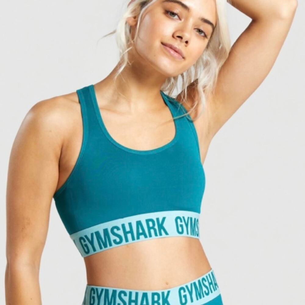 Gymshark Teal Sports Bra XS Racerback Athletic Workout Top Logo Band Run Gym Fit